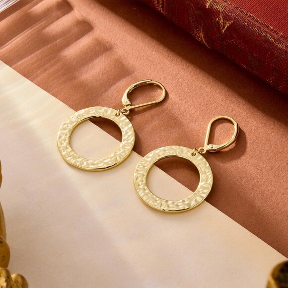 14K Gold Drop Handmade Hammered Circle Round Dangle Minimalist Earring for Women - Picture 6 of 7